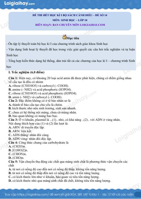 Đề thi học kì 1 Sinh 10 Cánh diều - Đề số 14